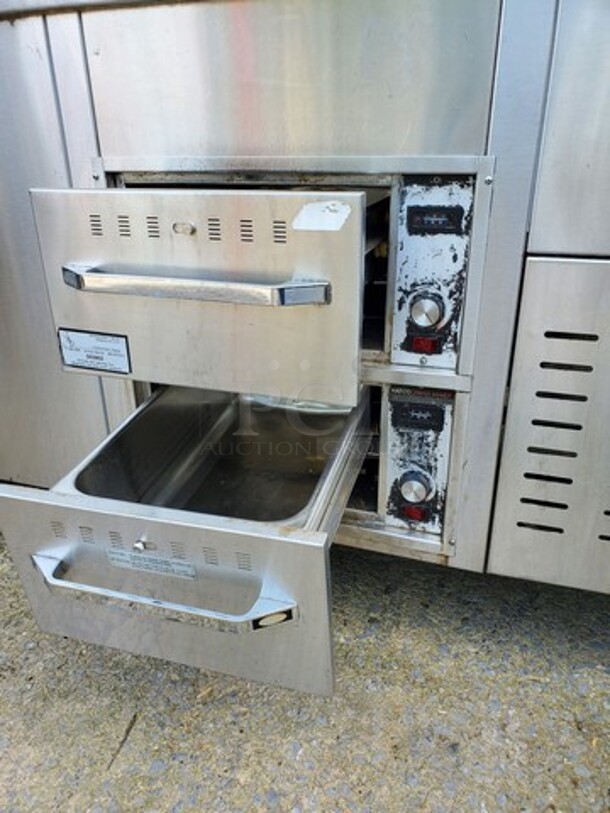 8"Ft Work Table W/ 2 Wells Warming Warmers| Overhead Shelf| See pictures for more details! 97"X32"X37" - Image 5 of 7