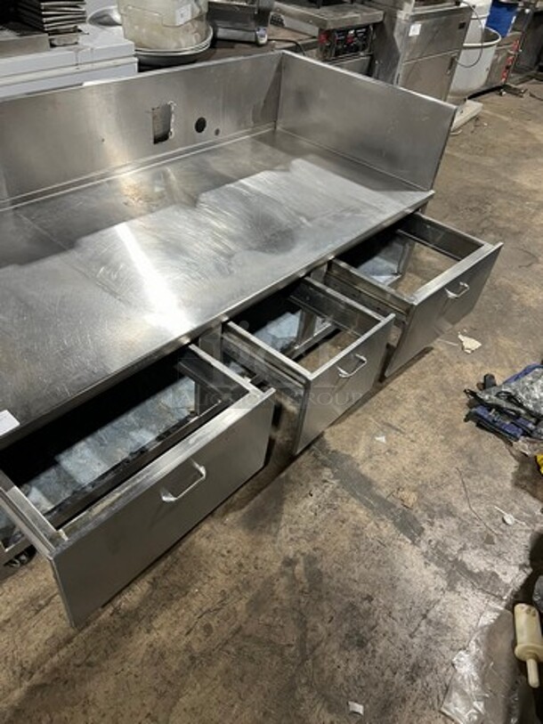 Custom Made Commercial Work Top Table/ Equipment Stand! With Raised Back And Side Splashes! With Drawer Storage Space Underneath! All Stainless Steel! On Casters! - Image 5 of 6