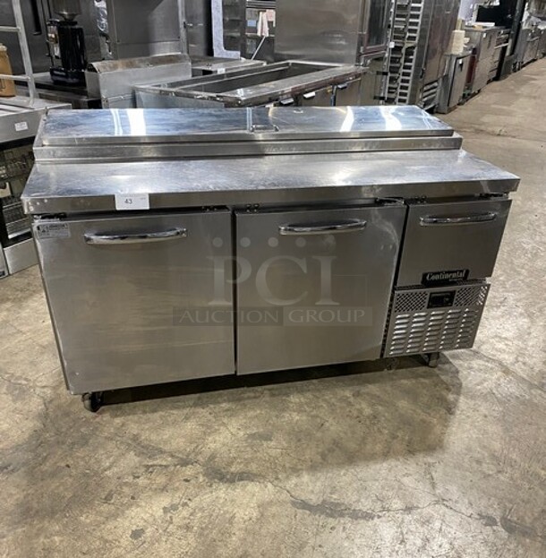 Awesome! Continental Commercial Refrigerated Pizza Prep Table! With 3 Door Storage Space Underneath! All Stainless Steel! On Casters! Model: CPA68 SN: 15974548! 115V 1 Phase!