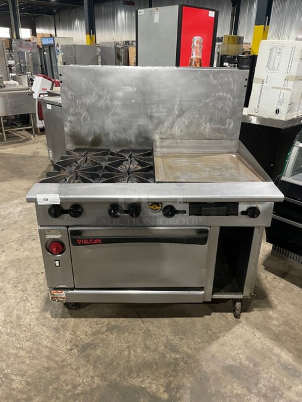Vulcan Natural Gas Powered 4 Burner Range Split Top With Flat Grill! With Full Size Convection Oven Underneath! All Stainless Steel! With Back Splash! 120V 1 Phase! Model: G481FLC SN: 657080944! - Image 1 of 12