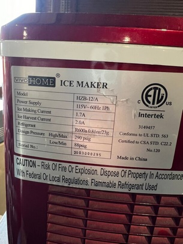 Vivo Home Countertop Ice Maker Machine! Model: HZB12A SN: 2003000295 115V - Image 6 of 6