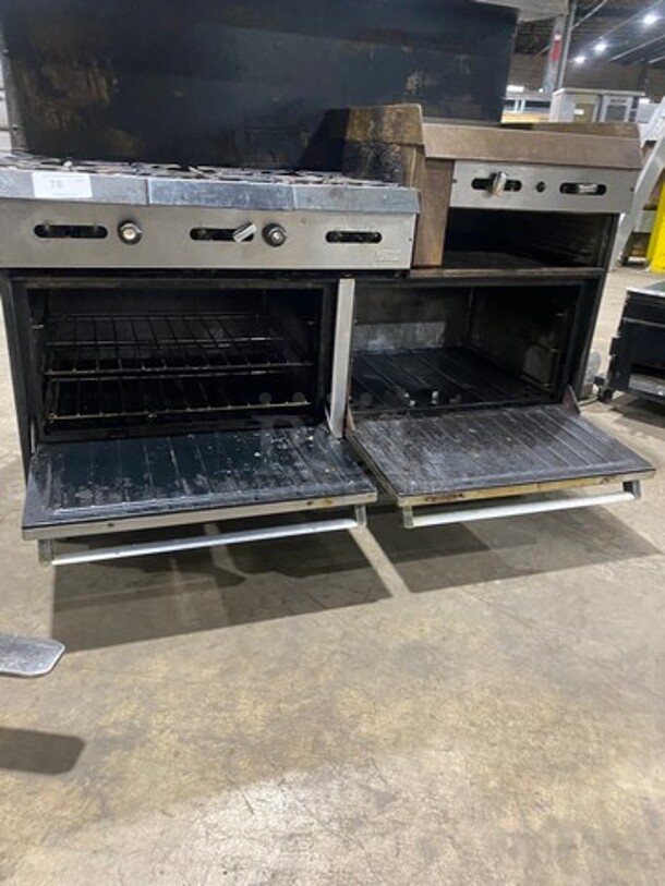 Garland Commercial Natural Gas Powered 6 Burner Stove With Right Side Flat Griddle! Griddle Has Side Splashes! With Raised Back Splash And Salamander Shelf! With 2 Oven Underneath! Metal Oven Racks! All Stainless Steel! On Legs! Working When Removed! - Image 8 of 9