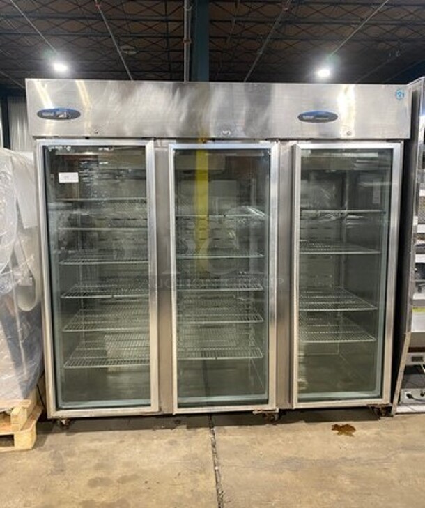 COOL! Hoshizaki Commercial 3 Door Reach In Cooler Merchandiser! With View Through Doors! Poly Coated Racks! All Stainless Steel Body! WORKING WHEN REMOVED! Model: CR3SFGYCR SN: F60047C 115V 60HZ 1 Phase - Image 1 of 9
