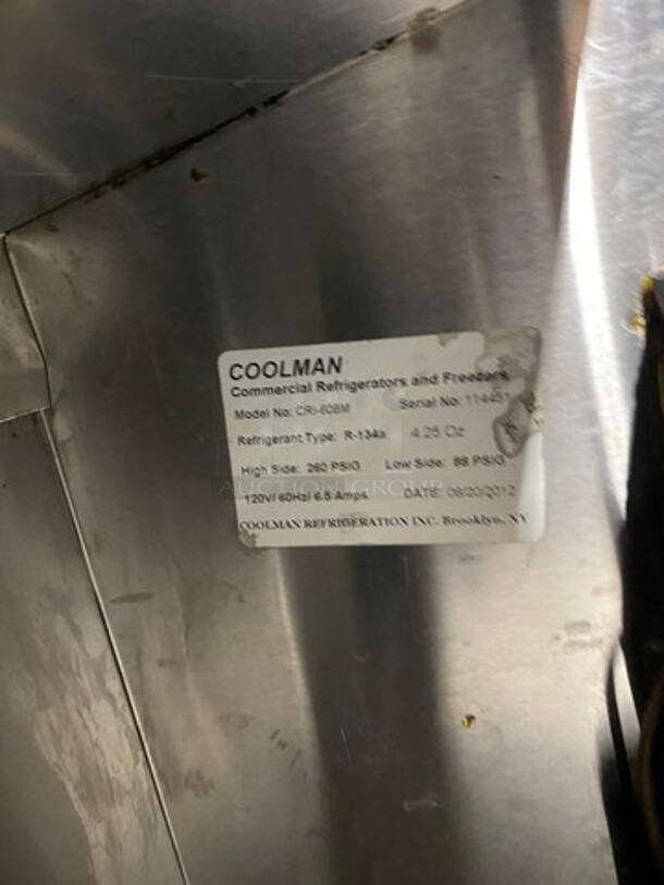 2012 Coolman Commercial Refrigerated Sandwich Prep Table! With 2 Door Underneath Storage Space! All Stainless Steel! On Casters! Model: CRI60BM SN: 114451 120V 60HZ 1 Phase - Image 8 of 10