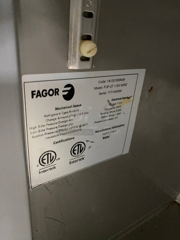 Fagor Commercial Single Door Lowboy/ Worktop Freezer! All Stainless Steel! On Casters! MODEL FUF27 SN:17110683M 115V  - Image 6 of 7