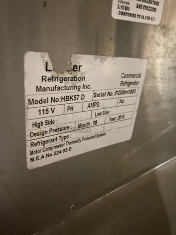 Leader Commercial 4 Door Lowboy/ Work Top Cooler! All Stainless Steel! Model: HBK57D SN: PZ08M1003 115V 60HZ 1 Phase - Image 8 of 10