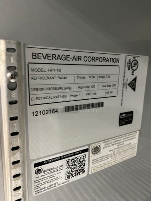 Beverage Air Commercial Single Door Reach In Freezer! With Poly Coated Racks! All Stainless Steel! On Casters! Model: HF11S SN: 12102164 115V 60HZ 1 Phase - Image 7 of 8
