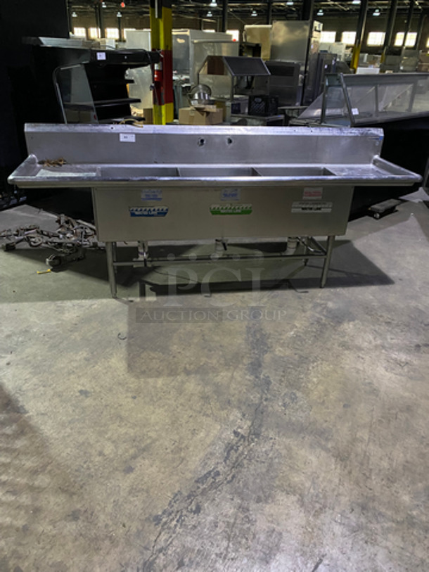 AMAZING! All Stainless Steel Commercial 3 Bay Dishwashing Sink! 3 Section Wash, Rinse, Sanitize! With Dual Drain Boards! On Legs!