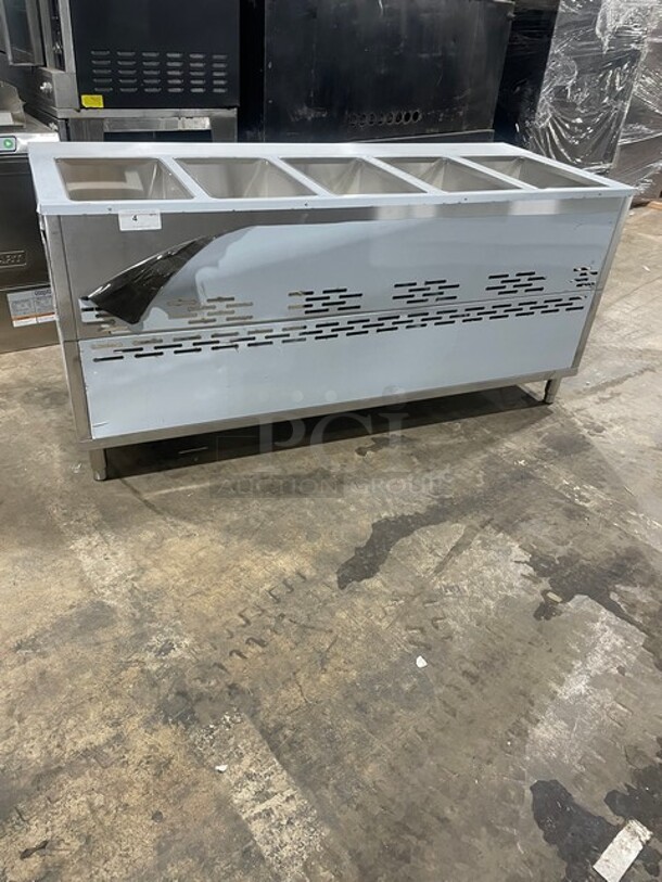 NEW! Scratch-N-Dent! Prepline Liquid Propane Powered 5 Pan Sealed Well Hot Food Steam Table! With Sliding Doors Enclosed Base! With Natural Gas Conversion Kit! All Stainless Steel! With Full Length Cutting board! On Legs! Model: GST-5OW-CBSD! - Image 1 of 11