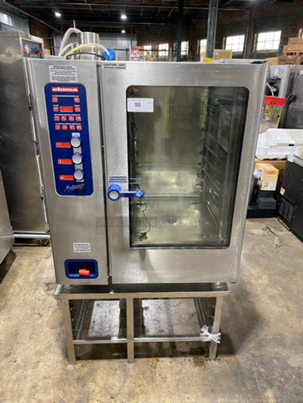 Eloma Commercial Gas Powered Combi Oven! Single View Through Door! On Stand! With Pan Rack Holder Underneath! All Stainless Steel! On Legs! Model: MULTIMAXB1011G