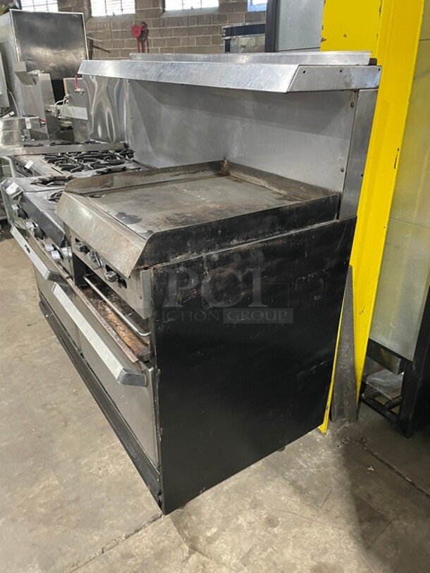 Garland Natural Gas Powered 6 Burner Stove With Raised 24" Flat Griddle & Cheese Melter Combo! With 2 Full Size Ovens Underneath!  With Backsplash & Overhead Salamander Shelf! On Legs! - Image 2 of 9