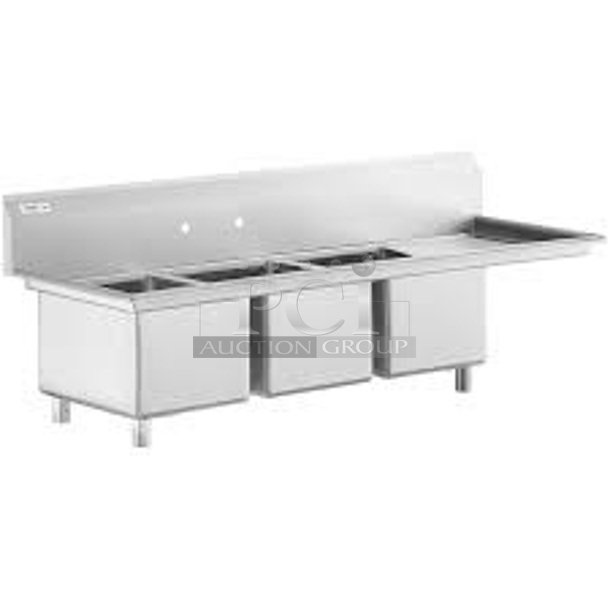 BRAND NEW SCRATCH AND DENT! Regency 600S3162018R Stainless Steel 3 Bay Sink w/ Right Side Drain Board. Bays 16x19.5x12. No Legs.  - Image 1 of 8