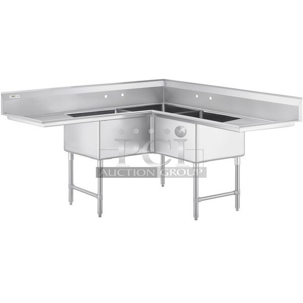 BRAND NEW SCRATCH AND DENT! Regency 600S3242424C Stainless Steel Commercial 3 Bay L Shaped Sink w/ Dual Drain Board. No Legs. Bays 24x24. Drain Boards 22x26 - Image 1 of 9