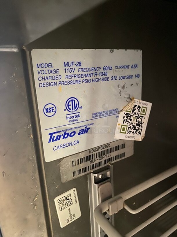 Turbo Air Commercial Single Door Lowboy/Worktop Freezer! All Stainless Steel! Model: MUF28 SN:K9U2F8Z021 115V  - Image 6 of 7