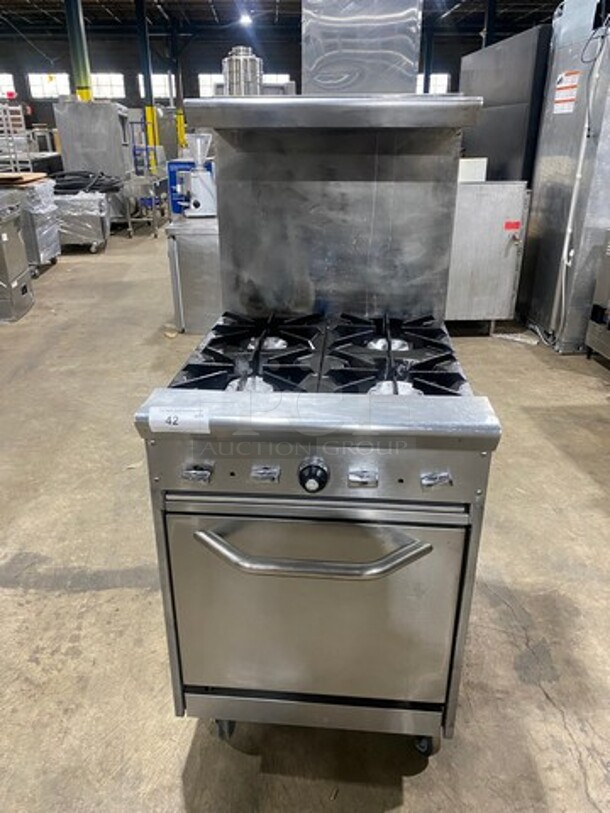Commercial Natural Gas Powered 4 Burner Stove! With Raised Back Splash! With Oven Underneath! Stainless Steel Body! On Casters!