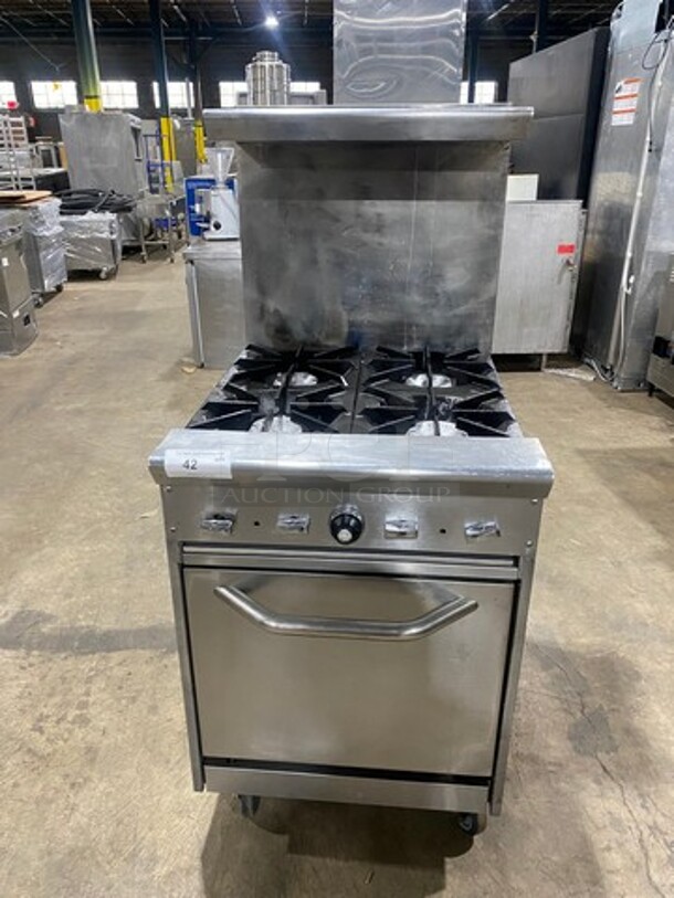 Commercial Natural Gas Powered 4 Burner Stove! With Raised Back Splash! With Oven Underneath! Stainless Steel Body! On Casters! - Image 1 of 10