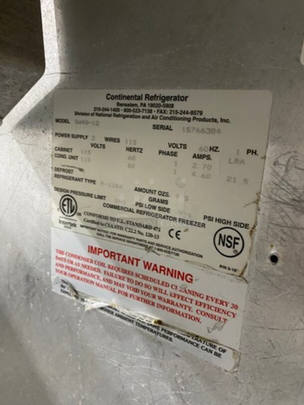 Continental Commercial Refrigerated Sandwich Prep Table! With 2 Door Underneath Storage Space! All Stainless Steel! On Casters! Model: SW4812 SN: 15766384 115V 60HZ 1 Phase - Image 8 of 9