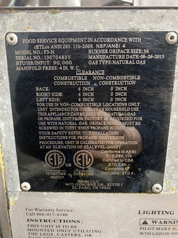 Entree Commercial Natural Gas Powered Deep Fat Fryer! With Backsplash! With 2 Metal Frying Baskets! All Stainless Steel! On Legs! Model: F3N SN: 13070483V - Image 11 of 12