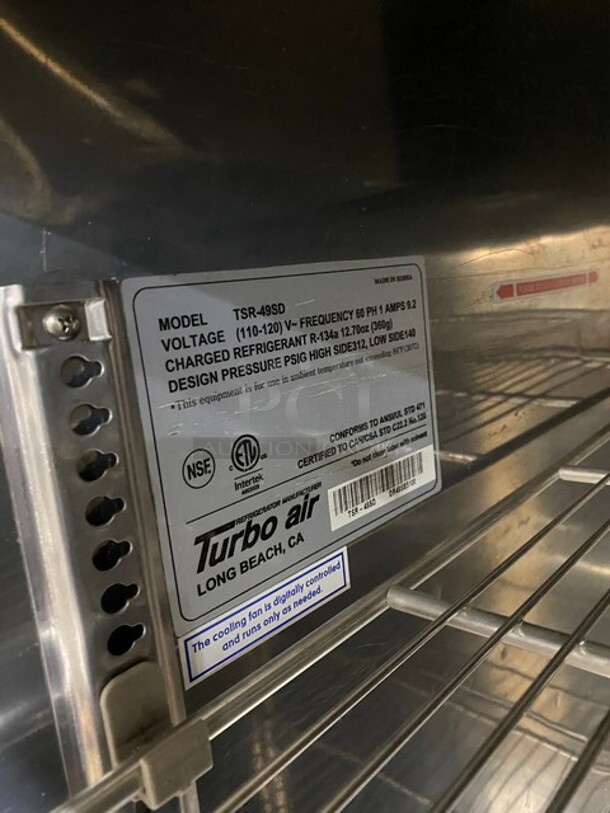Turbo Air Commercial 2 Door Reach In Refrigerator! All Stainless Steel! With Metal Racks! On Casters! 110-120V 1 Phase! Model: TSR-49SD SN: DR49SB5100! - Image 7 of 9