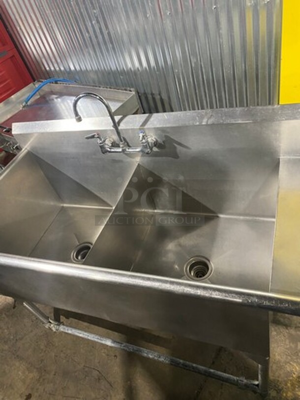 All Stainless Steel Heavy Duty Commercial 2 Bay Sink! With Right Side Drainboard! With Faucet! With Backsplash! On Legs! - Image 5 of 7