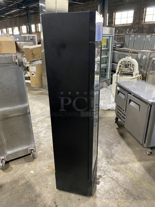 BRAND NEW SCRATCH & DENT! Galaxy GDN-5 16 1/2" Black Swing Glass Door Merchandiser Refrigerator with Red, White, and Blue LED Lighting.MODEL:177GDN5RBB 120V!  - Image 2 of 7