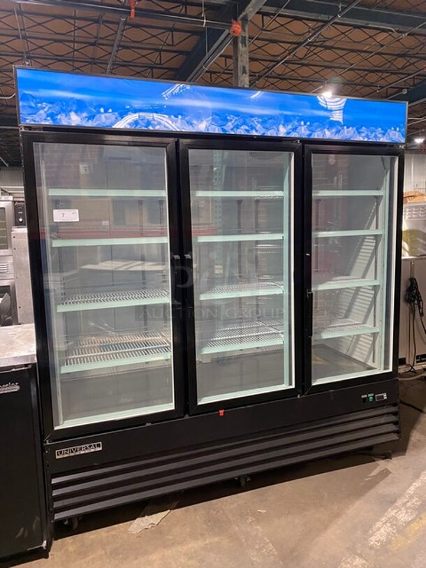 COOL! Universal Coolers Commercial 3 Door Reach In Freezer Merchandiser! With View Through Doors! With Poly Racks! On Casters! Model: EGDMF80B SN: 6115314921051102 115V/220V! - Image 1 of 9