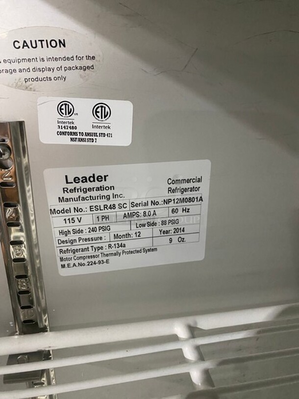 Leader Stainless Steel Commercial 2 Door Reach In Cooler w/ Poly Coated Racks! On Casters! Model ESLR48 S/C SN: NP12M0801A 115 Volts, 1 Phase - Image 7 of 11