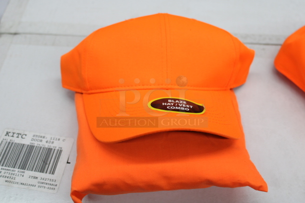 ALL ONE MONEY!! (10) Blaze Orange Hat / Vest Combo Your Bid, (2) Orange Hats, Stack of 17 Orange Athletic Shirts [Sizes: 8 2XL, 6 L, 1 M, 1 3XL]
