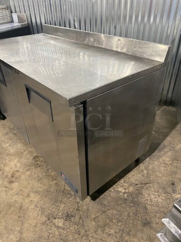 True Commercial 2 Door Work/Prep Top Lowboy Cooler! With Backsplash! All Stainless Steel! With Poly Coated Racks! On Casters! Model: TWT60 SN: 12972936! 115V 60HZ 1 Phase!
 - Image 2 of 8