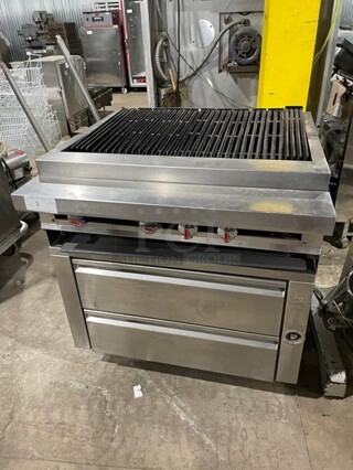 Sweet! Jade Range Heavy Duty Commercial Natural Gas Powered Char Broiler! On Jade Refrigeration Commercial 2 Drawer Refrigerated Chef Base! All Stainless Steel! 115V 1 Phase!