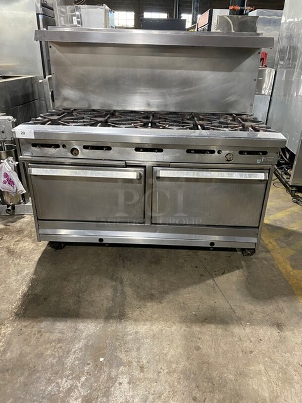 Garland Natural Gas Powered 10 Burner Stove Top Range! With  2 Full Size Ovens Underneath! With Raised Backsplash & Salamander Shelf! On Casters! - Image 1 of 5