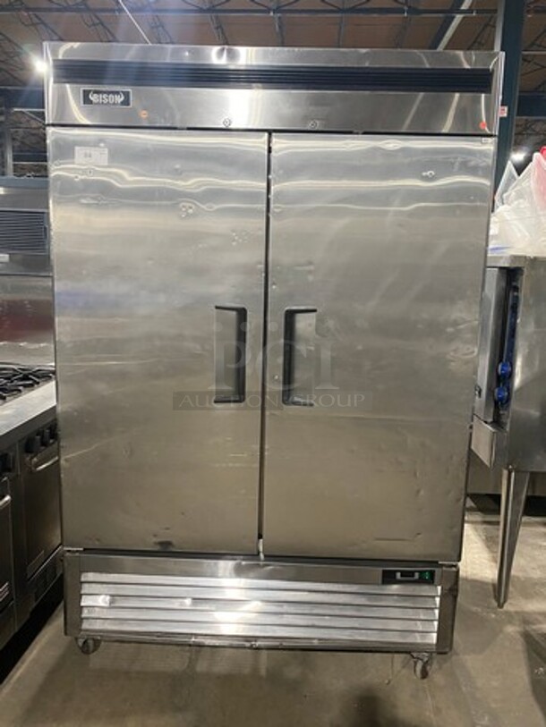 Bison Stainless Steel Commercial 2 Door Reach In Cooler! With Poly Coated Racks! On Commercial Casters!  - Image 1 of 8
