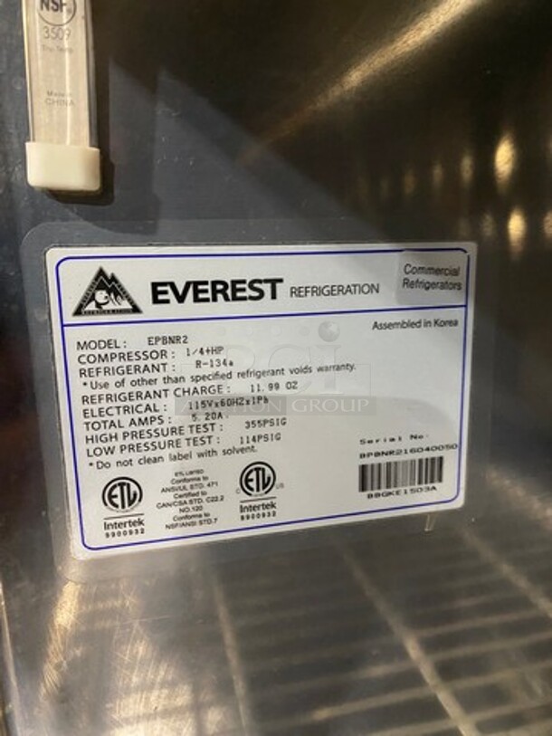 Everest Commercial Refrigerated Sandwich Prep Station! All Stainless Steel! On Casters! MODEL EPBNR2 SN:BPBNR216040050 115V 1PH - Image 7 of 9