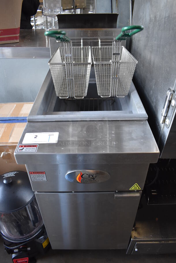 LIKE NEW! 2021 CPG 351FFOP40L Stainless Steel Commercial Floor Style Liquid Propane Gas Powered 40 Pound Deep Fat Fryer w/ 2 Metal Fry Baskets. 90,000 BTU. 16x32x45. Tested and Working!