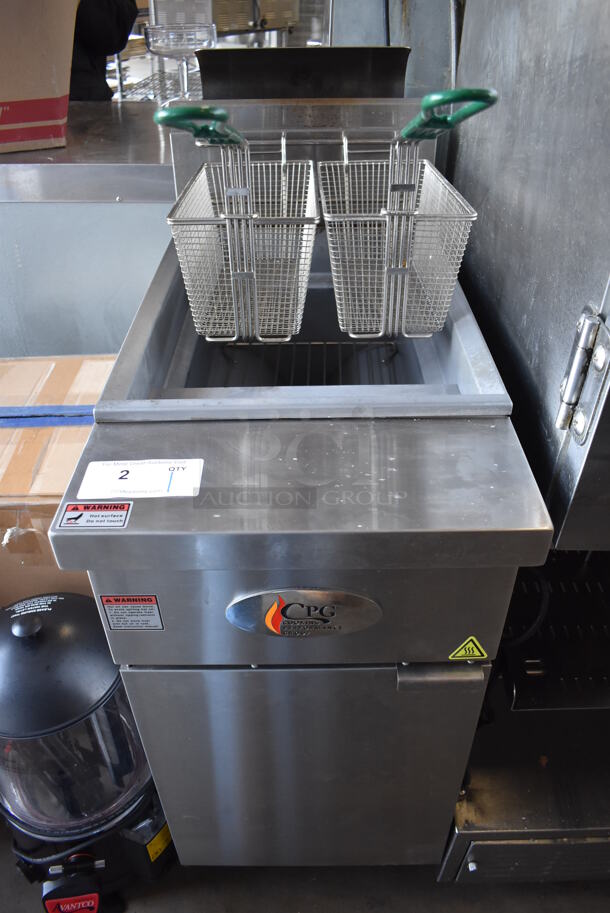 LIKE NEW! 2021 CPG 351FFOP40L Stainless Steel Commercial Floor Style Liquid Propane Gas Powered 40 Pound Deep Fat Fryer w/ 2 Metal Fry Baskets. 90,000 BTU. 16x32x45. Tested and Working! - Image 1 of 8