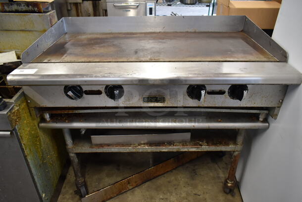 Asber Stainless Steel Commercial Countertop Gas Powered Flat Top Griddle w/ Stainless Steel Equipment Stand on Commercial Casters. - Image 1 of 6