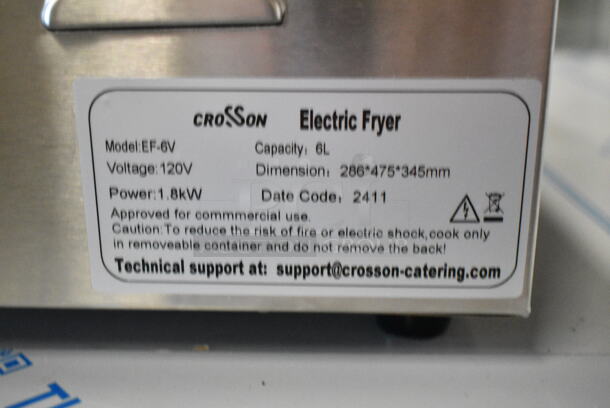 BRAND NEW SCRATCH AND DENT! 2024 Crosson Stainless Steel Commercial Countertop Electric Powered Deep Fat Fryer w/ Metal Lid and Metal Fryer Basket.  - Image 8 of 8