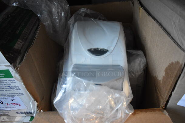 6 BRAND NEW IN BOX! White Poly Wall Mount Hand Soap Dispensers. 5x4.5x9. 6 Times Your Bid!