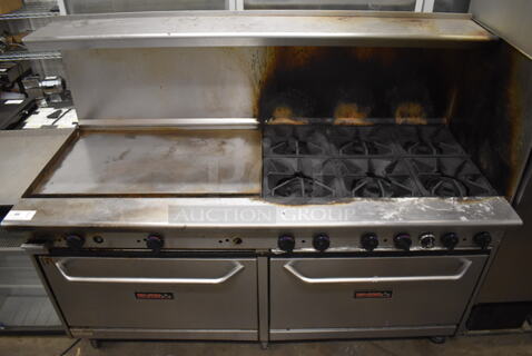 Tri-Star Stainless Steel Commercial Natural Gas Powered 6 Burner Range w/ Flat Top Griddle, 2 Ovens, Over Shelf and Back Splash on Commercial Casters. 72x32x58