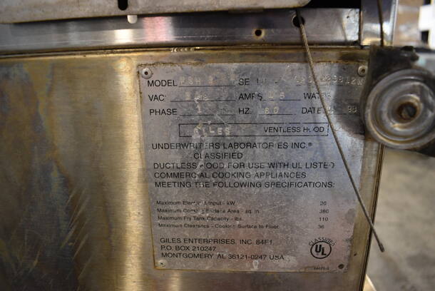 Giles Model FSH2 Stainless Steel Commercial Ventless Hood and Hobart Model 1HF85C Stainless Steel Electric Powered Deep Fat Fryer w/ Fry Basket. 208 Volts, 1 Phase. 30x42x81 - Image 9 of 9