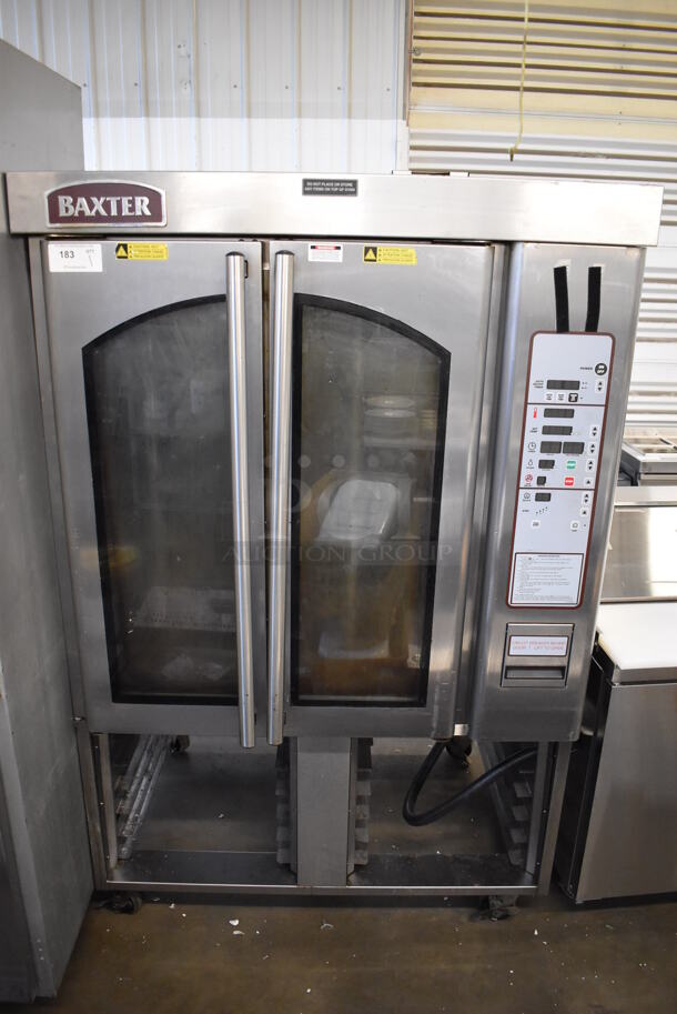 Baxter OV310E Stainless Steel Commercial Floor Style Electric Powered Mini Rotating Rack Oven w/ Lower Pan Rack on Commercial Casters. 208 Volts, 3 Phase. 48x38x78