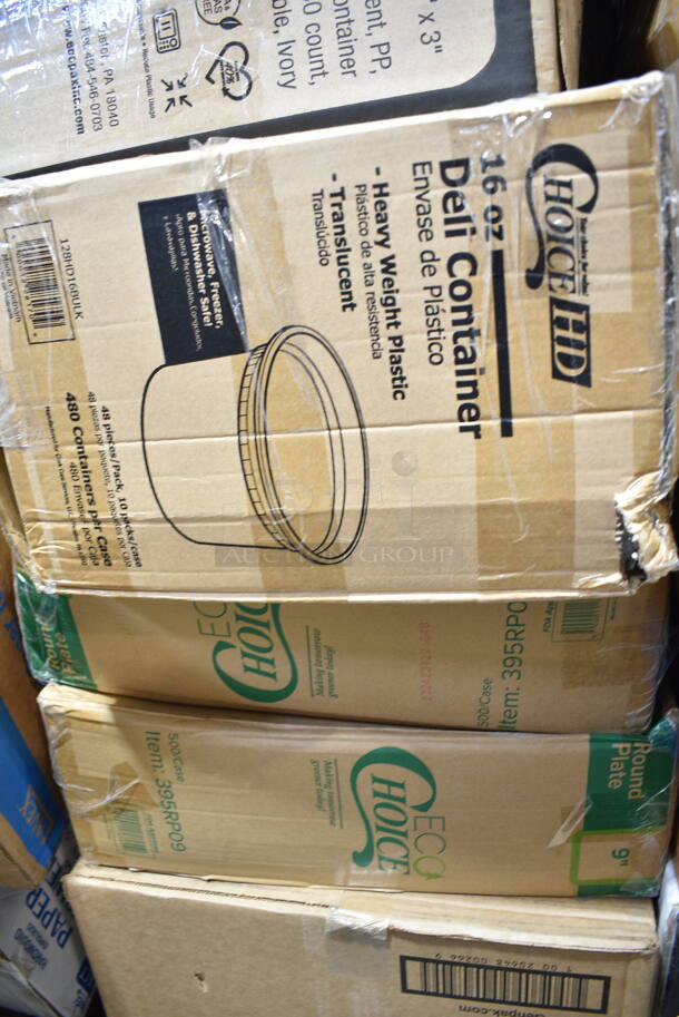 PALLET LOT of 40 BRAND NEW Boxes Including 5001RTSELNAT Lavex Select 1-Ply Natural Kraft Paper Towel Roll, 665 Feet / Roll - 6/Case, 130ROLLKFSSH Visions 18" x 15 1/2" Pre-Rolled Linen-Feel White Napkin and Hammersmith Heavy Weight Silver Plastic Cutlery Set - 100/Case, 500AL301BALL Ball 9 oz. Customizable Aluminum Cup with Ball Logo Design - 645/Case, 128HD32COMBO ChoiceHD 32 oz. Microwavable Translucent Plastic Deli Container and Lid Combo Pack - 240/Case, 394325L Noble NexGen Powder-Free Disposable Blue Hybrid 3 Mil Thick Gloves - Large - 1000/Case, 50010CAFE Choice 10 oz. Cafe Print Poly Paper Hot Cup - 1000/Case, 2 Box 5001RT800B Lavex 8" White Hardwound Paper Towel, 800 Feet / Roll - 6/Case, 2 Box 395RPO9 EcoChoice Compostable Sugarcane / Bagasse 9" Plate - 500/Case, 128HD16BULK ChoiceHD 16 oz. Microwavable Translucent Plastic Deli Container - 480/Case, 150300414 Bagcraft EcoCraft 6" x 6 1/2" Grease-Resistant Sandwich Bag - 2000/Case, 347RPBD10WHS Visions 10" White Plastic Plate with Silver Bands - 120/Case. 40 Times Your Bid! - Image 10 of 12