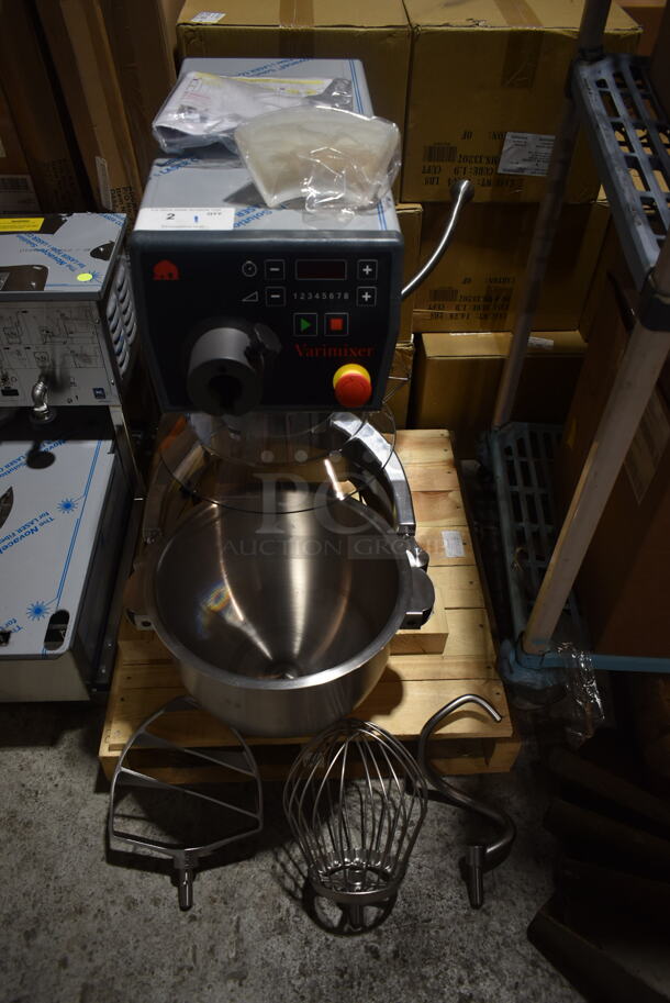 BRAND NEW! 2022 Varimixer V20KT Metal Commercial Countertop 20 Quart Planetary Dough Mixer w/ Stainless Steel Mixing Bowl, Poly Bowl Guard, Dough, Whisk, Paddle Attachments. 120 Volts, 1 Phase. Tested and Working! - Image 2 of 12