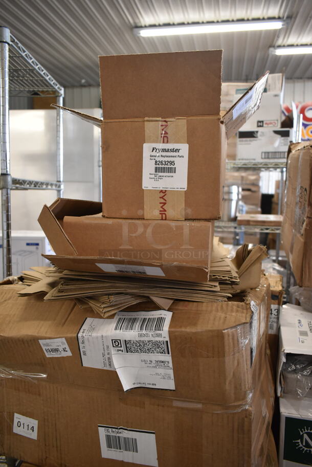 PALLET LOT of 35 BRAND NEW Boxes Including Frymaster 8263295 Skf Linear Actuator, Choice Take Out Container, 395TO883 EcoChoice 8" x 8" x 3" Compostable Sugarcane / Bagasse 3 Compartment Takeout Box - 200/Case,  2 Box 394405L Noble Products Powder-Free Disposable Blue Vinyl Gloves for Foodservice - Large - 1000/Case, 407TRNRSW65 Choice 6" x 5" Square Edge Turner with White Polypropylene Handle, Garde 181ONBLD316 3/16" Blade Assembly for Onion Slicer - 2/Set, 712LSD40V Lavex 40 fl. oz. (1200 mL) Stainless Steel Surface Mounted Vertical Liquid Soap Dispenser. 35 Times Your Bid! - Image 3 of 6