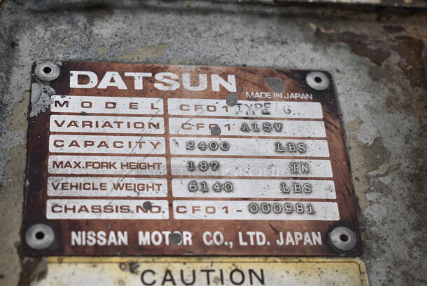 Datsun CFO1 Type G Metal Commercial 2,400 Pound Capacity Propane Gas Powered Fork Lift. Reads 2,300 Hours. Does Not Have Service Brakes. Runs and Drives! - Image 12 of 12