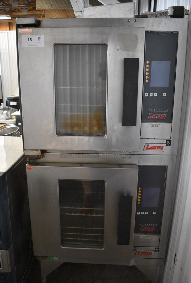 2 Lang Stainless Steel Commercial Electric Powered Half Size Convection Oven w/ View Through Door and Metal Oven Racks on Commercial Casters. 208 Volts, 3 Phase. 31x25.5x66.5. 2 Times Your Bid!