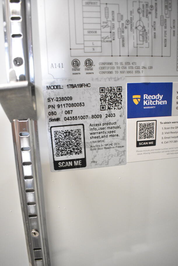 BRAND NEW SCRATCH AND DENT! 2024 Avantco 178A19FHC Stainless Steel Commercial Single Door Reach In Freezer w/ Poly Coated Racks on Commercial Casters. 115 Volts, 1 Phase. Tested and Working! - Image 7 of 7