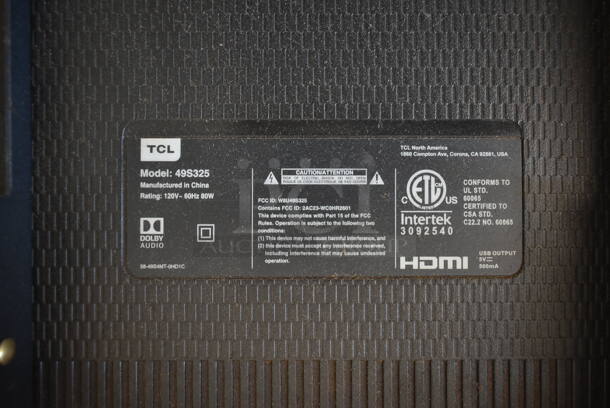TCL 49S325 49" LED Television. 120 Volts, 1 Phase. Buyer Must Pick Up - We Will Not Ship This Item. Tested and Working! - Image 7 of 7
