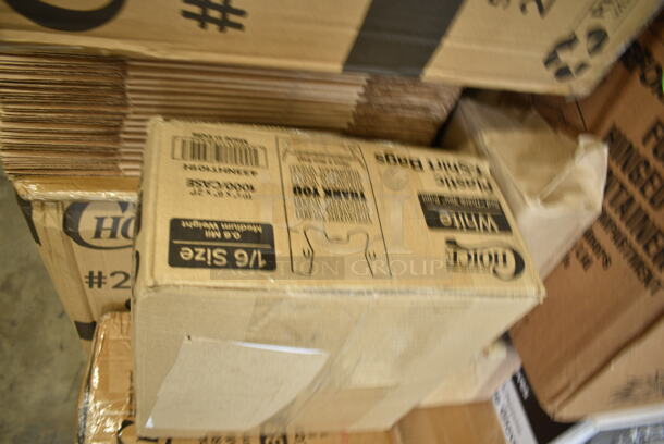 PALLET LOT of 37 BRAND NEW Boxes Including Dart 205HT1 White Foam Take Out Container with Perforated Hinged Lid 9" x 6" x 3" - 200/Case, 7072318PP Sabert Mozaik 17 1/2" x 6 1/2" White Plastic Platter / Catering Tray - 25/Case, 4 Box 394345XL Noble NexGen Powder-Free Disposable Black Hybrid 3 Mil Thick Gloves - Extra Large - 1000/Case, 129MCR24B Choice 24 oz. Black Round Microwavable Heavy Weight Container with Lid 7 1/4" - 150/Case, 129MCS28B Choice 28 oz. Black Rectangular Microwavable Heavy Weight Container with Lid 8 3/4" x 6 1/4" x 1 3/4" - 150/Case, 130WFORKWP Choice Individually Wrapped Medium Weight White Plastic Fork - 1000/Case, 433NHT10 Choice 1/6 Standard Size White "Thank You" Medium-Duty Plastic T-Shirt Bag - 1000/Case, 795PTOKFT3 Choice Kraft Microwavable Folded Paper #3 Take-Out Container 7 3/4" x 5 1/2" x 2 1/2" - 200/Case, 795PTOKFT2 Choice Kraft Microwavable Folded Paper #2 Take-Out Container 7 3/4" x 5 1/2" x 1 7/8" - 200/Case, 433W1657SACK Choice 1/6 57# White Heavy-Duty Paper Barrel Sack - 500/Case, 500CC12 Choice Clear PET Customizable Plastic Cold Cup - 12 oz. - 1000/Case, 50016W Choice 16 oz. White Poly Paper Hot Cup - 1000/Case, 70780HL Sabert Catering Pop-Top 10 3/4" Square Clear PET Hinged Lid for 80 oz. Square Bowls - 50/Case, 442BOX8CUBE Lavex 8" x 8" x 8" Kraft Corrugated RSC Shipping Box - 25/Bundle, 3 Box 128HD12COMBO ChoiceHD 12 oz. Microwavable Translucent Plastic Deli Container and Lid Combo Pack - 240/Case, 4619993HS Metro 9993HS Equivalent 3 1/2" Stainless Steel Foot Plate. 37 Times Your Bid! - Image 6 of 12
