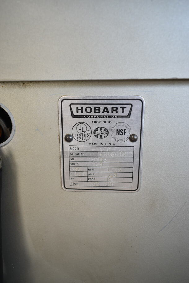 Hobart H 600 T Metal Commercial Floor Style 60 Quart Planetary Dough Mixer w/ Mixing Bowl and Dough Hook Attachment. 200 Volts, 3 Phase.  - Image 9 of 9